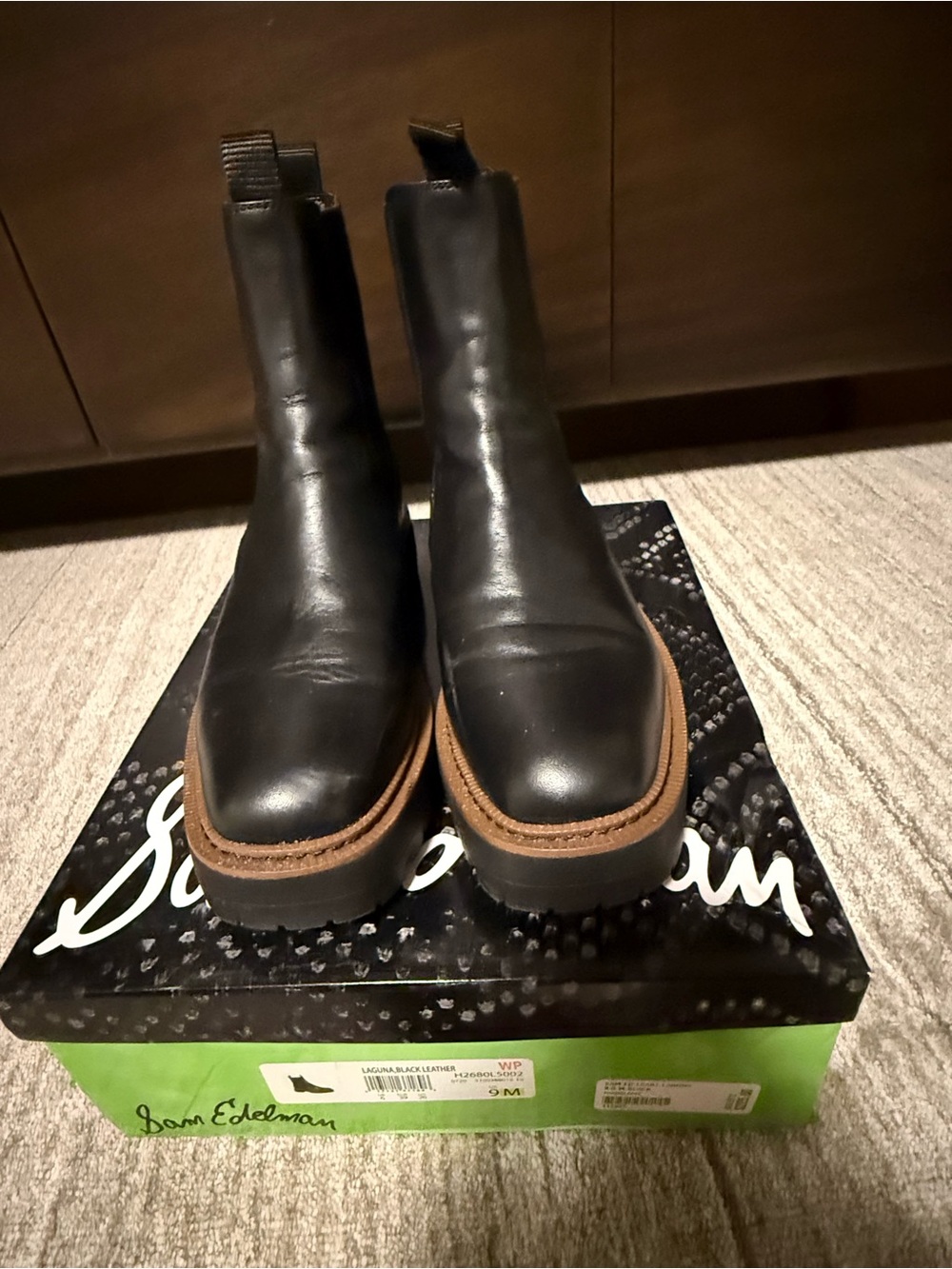 Sam Edelman Women’s Black Leather Laguna Boots with Brown Welt
